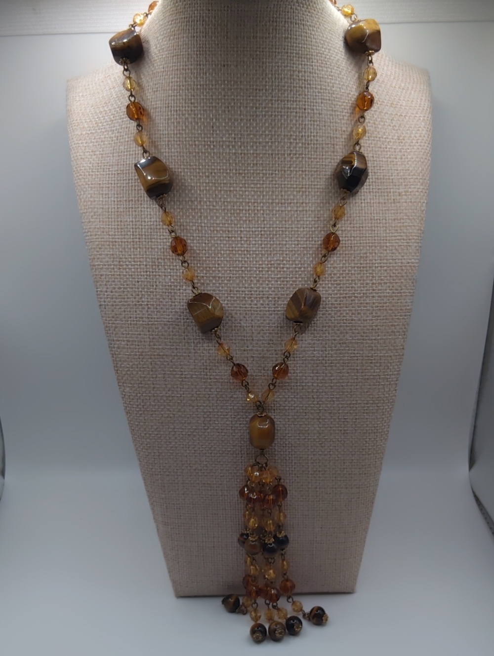 Best Tigers Eye and Glass Crystal Necklace Vintage